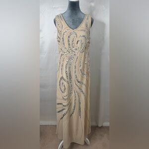 Midnight‎ Velvet Beaded Maxi Dress M Champagne Sleeveless Formal Gown
